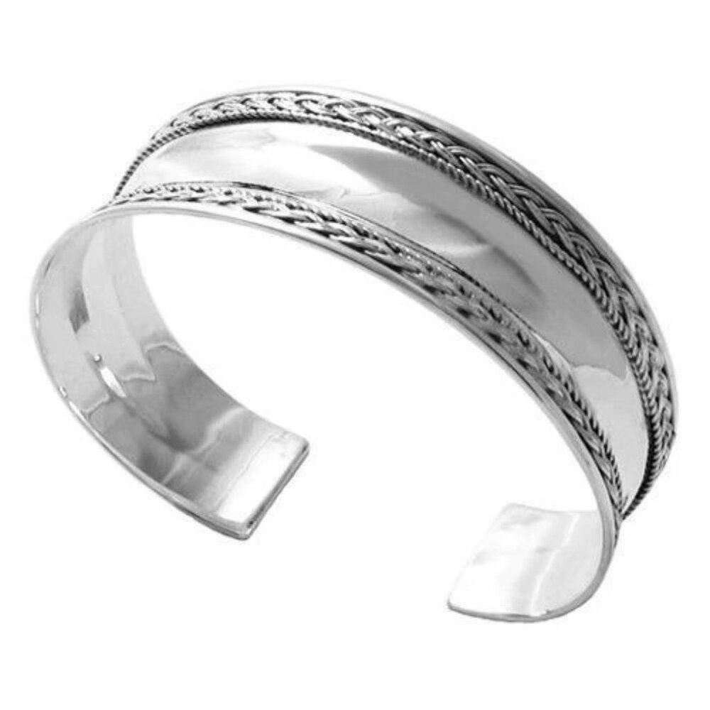 POLISHED STERLING SILVER CONCAVE GRADUATED BRAID TRIM 7" CUFF BANGLE BRACELET